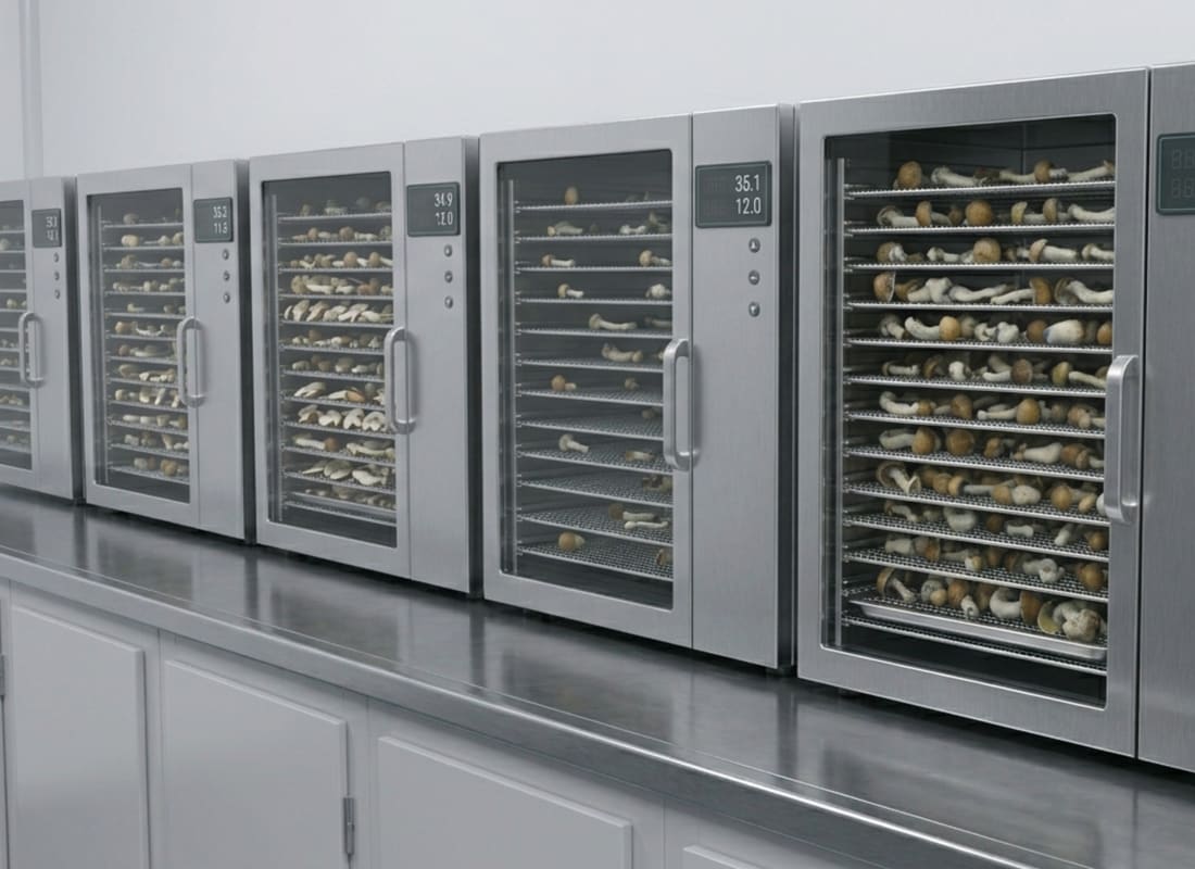 Mushrooms laid on mesh drying trays inside a dehydrator, a digital display showing temperature and moisture readings.