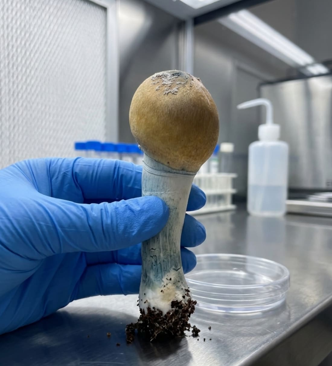 A hand twisting a large mushroom at the moment the partial veil begins to separate from the cap edge.