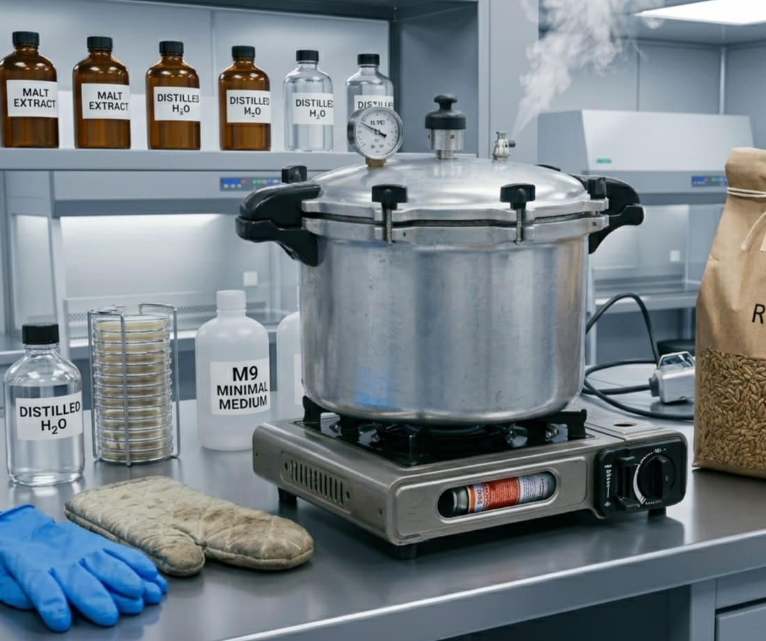 Agar plates with mycelium cultures beside a pressure cooker and bags of whole oats, with a tub of coco coir substrate mix.